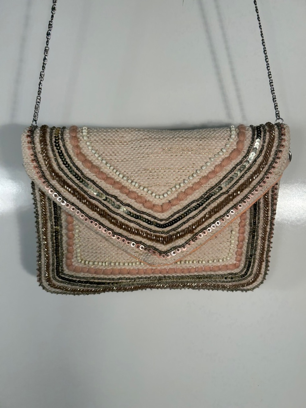 AMERICA & BEYOND Beaded Embellished Envelope Clutch Strap Option Coquette Dressy